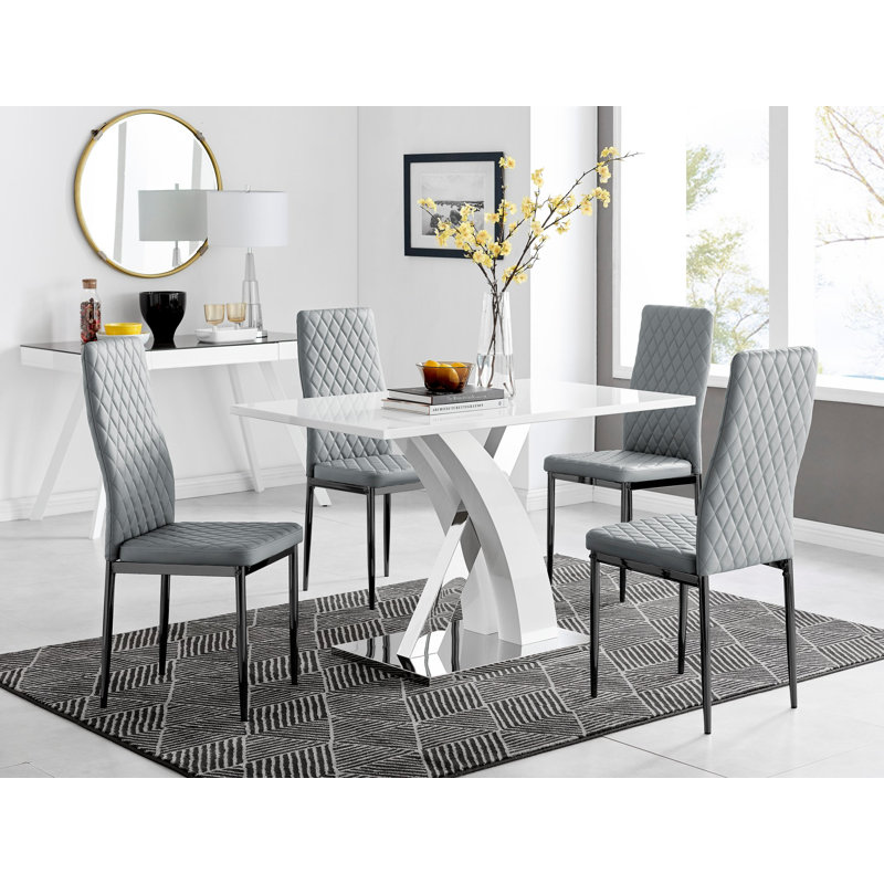 Marietta Chrome Metal & White High Gloss Dining Table Set - 4 Soft Touch Faux Leather Dining Chairs, Grey/Black
