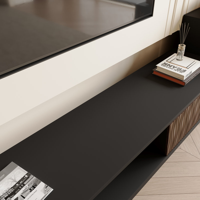 Mid-century Modern Extendable TV Stand for TVs up to 85" with Storage Drawers and Open Shelf