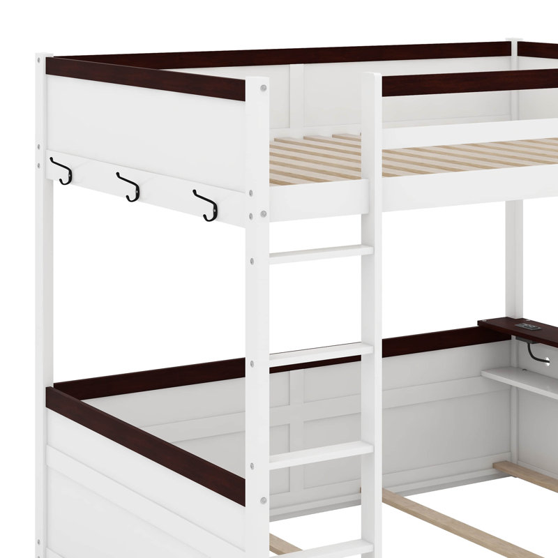 Grand lit superposé en bois avec tablettes intégrées, lumière DEL et USB, Blanc