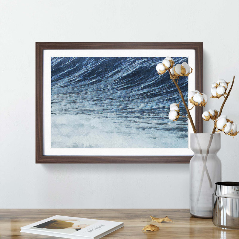 Rising of the Wave in Blue - Picture Frame Painting Print on MDF, 36cm H x 48cm W x 2cm D, Walnut Framed