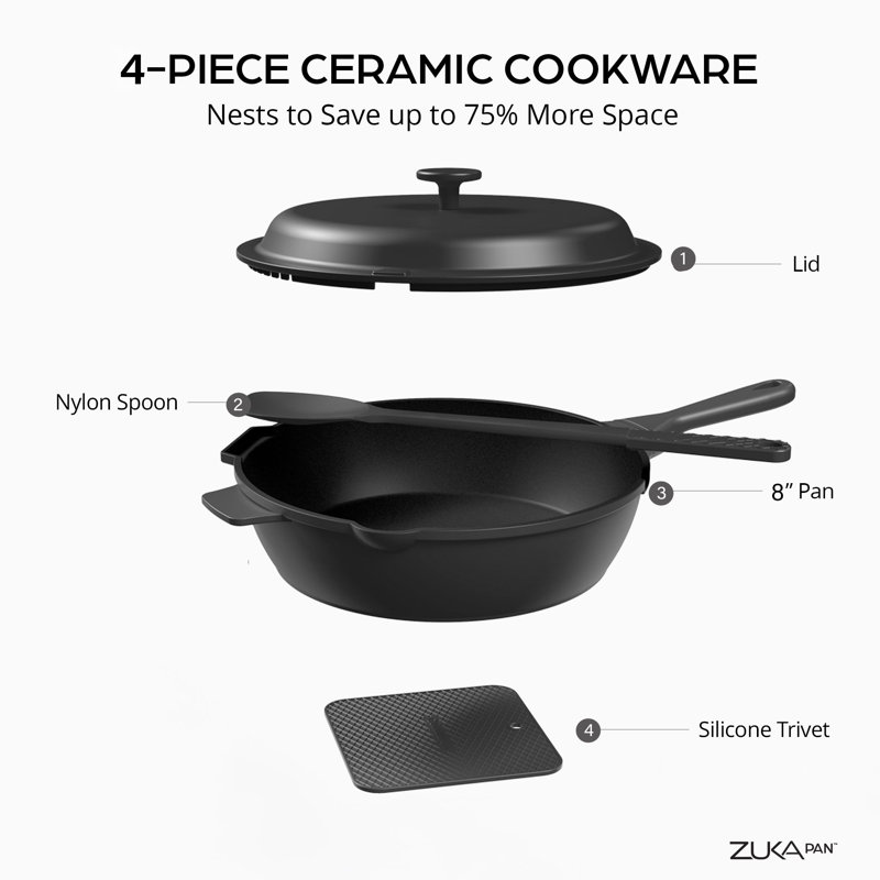 Poêle multifonctionnelle antiadhésive avec couvercle et cuillère en nylon Granitestone Zuka Everyday 8In, Noir