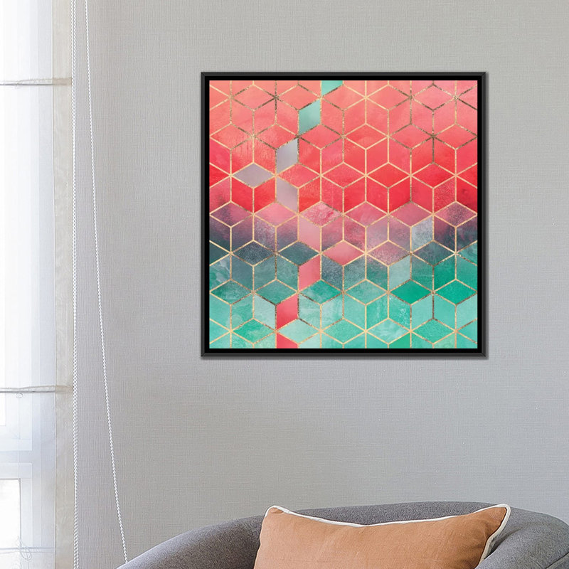 «Rose and Turquoise Cubes», impression sur toile, H 18 po x l 18 po x P 1,5 po, Toile avec cadre noir, Pas de tapis