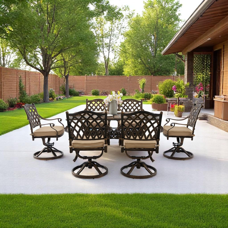 7 Piece Outdoor Dining Set Cast Aluminum, Patio Dining Set For 6 Includes 59”table 6 Swivel Chairs With Thicker Cushions And Umbrella Hole