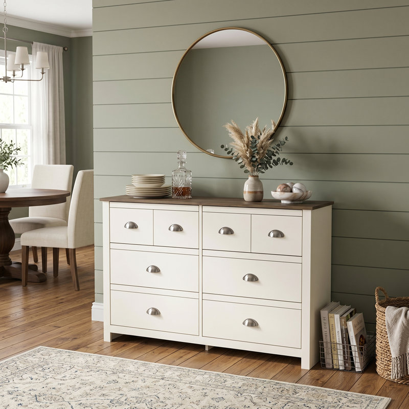 Bhure 46.1" W 6-Drawer Wood Double Dresser, Ivory/Knotty Oak