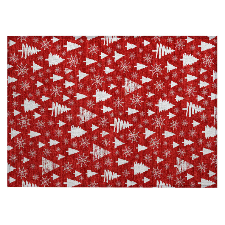 Machine Washable Indoor/Outdoor Christmas Tree Xhevrie Red Rug