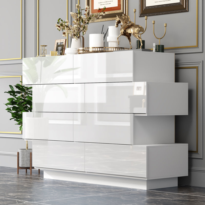 Commode double 8 tiroirs avec surface ultrabrillante, Blanc