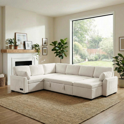 Canapé-lit convertible beige de 111 po, canapé modulaire en U avec méridienne réversible et poches de rangement pour le salon