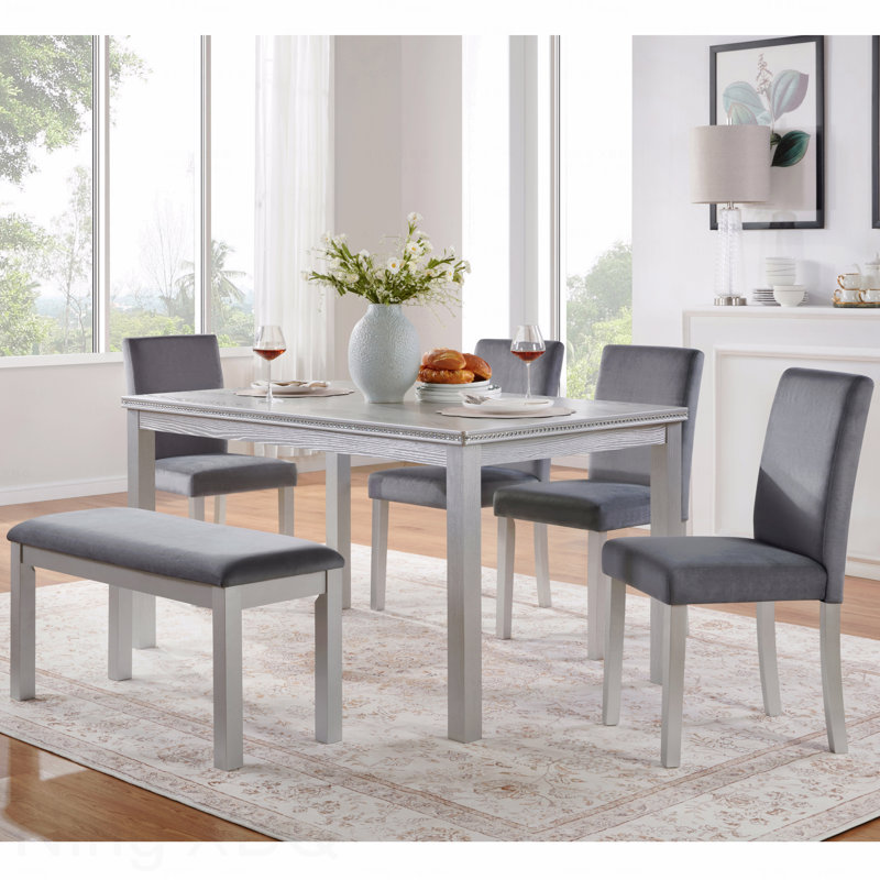 Ensemble de salle à manger en bois 6 pièces: table rectangulaire et 4 chaises rembourrées + banc, décoration en cristal, Gris