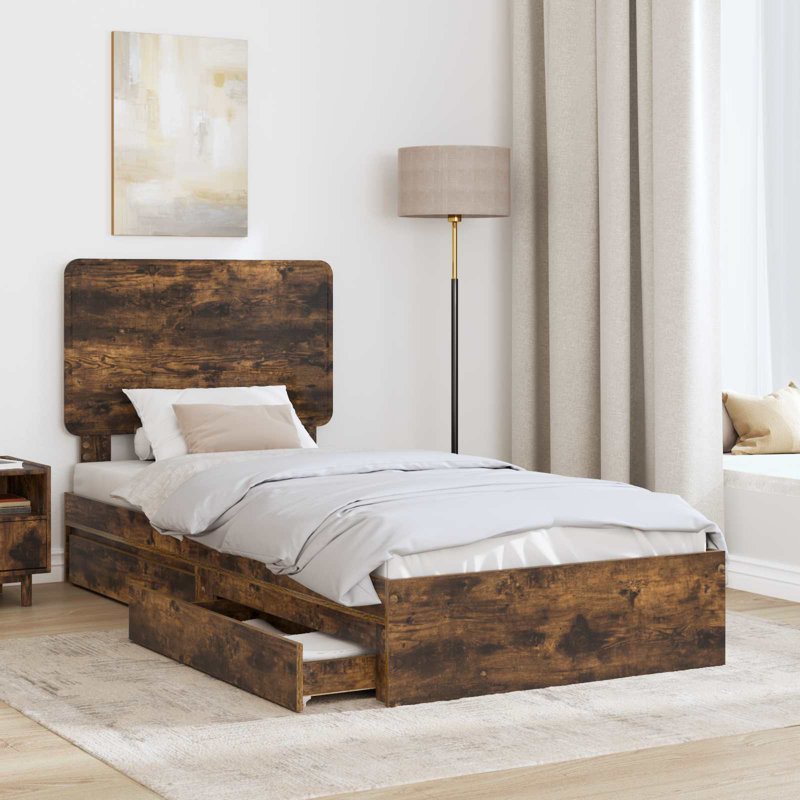  Bed Frame With Drawer Grey Sonoma 100 X 200 Cm Engineered Wood, European Single (90 x 200 cm), Smoked Oak
