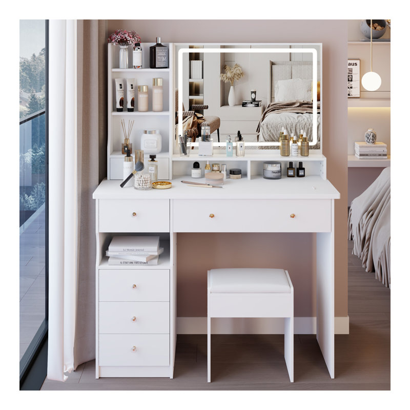 41" Large Size Left Drawer Desktop Vanity Table+Cushioned Stool, Extra Large Touch Control LED Mirror, 3-Color Switch, Multi Layer High Capacity Storage Fashionable Dresser, Suitable For Large Space