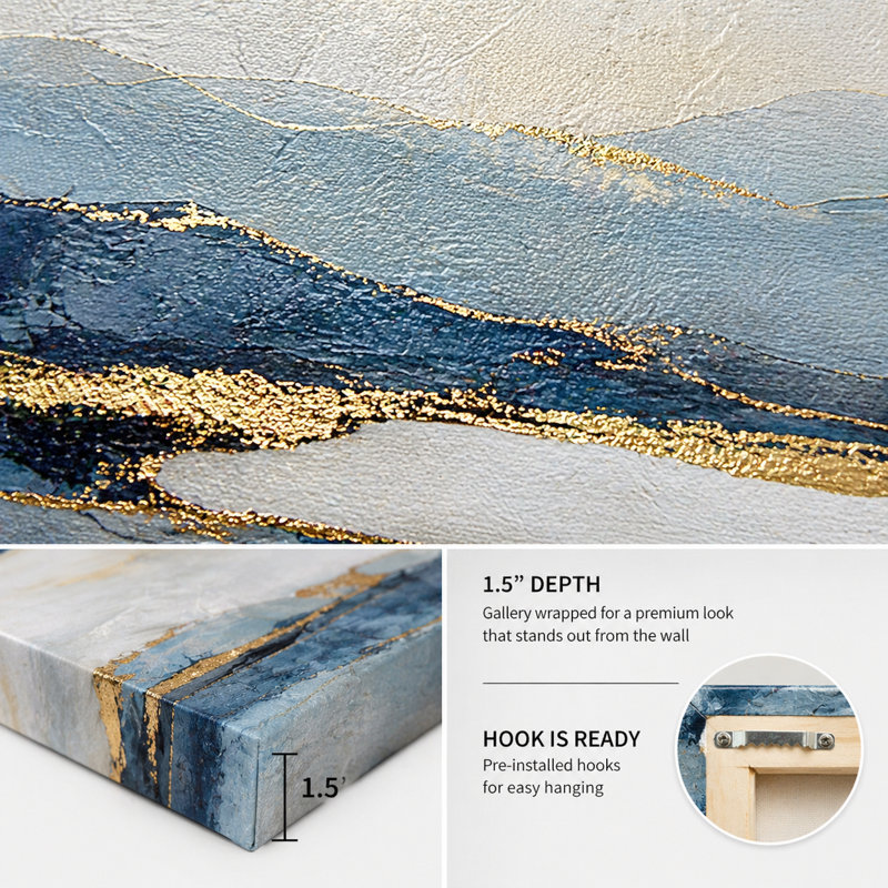 «Mist Over Blue», paysage abstrait, art mural sur toile tendue avec décorations dorées, décor mural moderne bord de mer