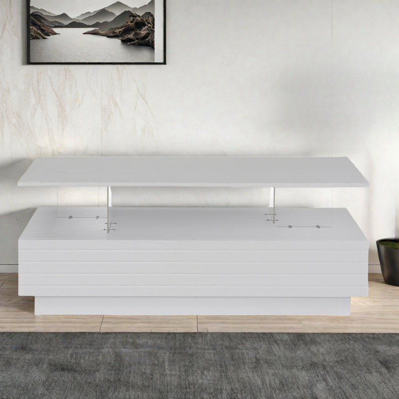 Modern Rectangular Coffee Table With Led Lights, 2 Drawers And Open Storage Shelf, White