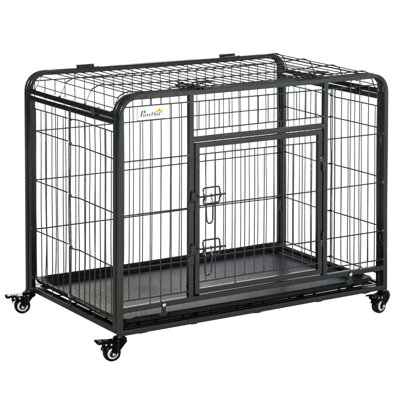 Cage et cage pour chien en métal robuste et pliable avec plateau et couvercle amovibles et 4 roues verrouillables, intérieur / extérieur 38 po