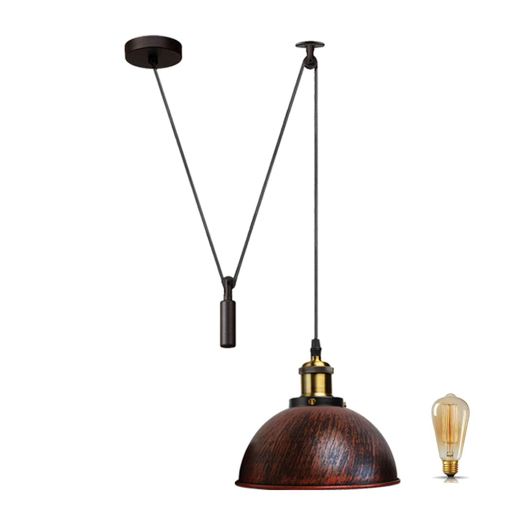 Borough Wharf Industrial Pulley Pendant Light – Adjustable E27 Ceiling Hanging Lamp with Retro Metal Dome Shade for Kitchen & Living Spaces