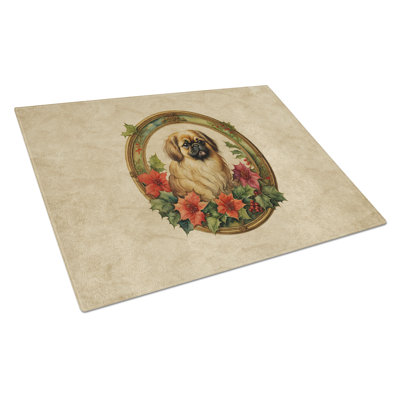 Pekingese Christmas Flowers Glass Cutting Board