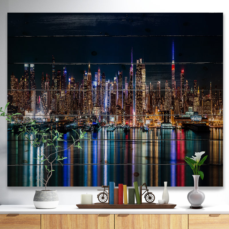 «New York Midtown Night Panorama», photographie, H 36 po x l 46 po x P 1,5 po, Bois