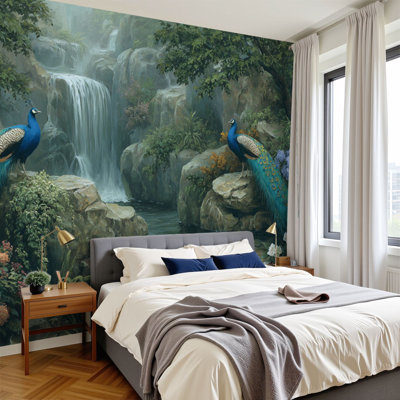 Peel and Stick Wallpaper Peacocks Displaying Feathers Garden Design Peacock Flowers Waterfall Wall Murals 100"H x 144"W Removable PVC Wall Paper Self-Adhesive Wall Decor for Bedroom Living Room Home Office