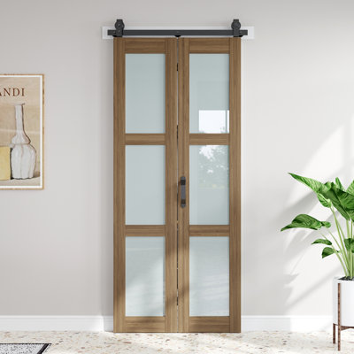 Porte de grange pliante en verre 3 épaisseurs et en bois d'épinette massif 3 pièces avec quincaillerie - Assemblage facile requis
