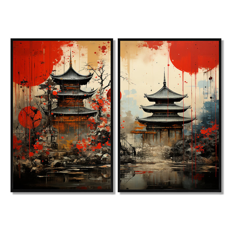 Asian Art Urban Fusion - décoration murale rouge, Black, 36" H x 48" W, Impression encadrée flottante
