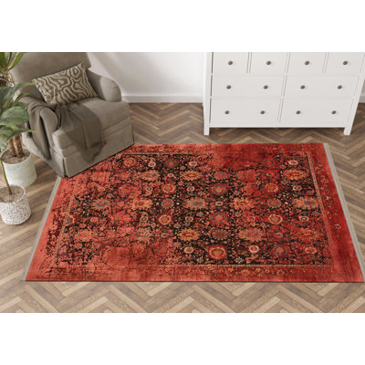 Red-Themed Traditional Motif Ethnic Abstract Patterned Decorative Rug