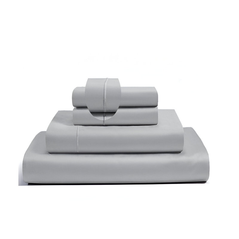 400TC Luxurious Single Embroidery Sateen Solid Cotton 4 Piece Sheet Set Fitted Sheet Fits Upto 16" Deep Pocket, Light Gray