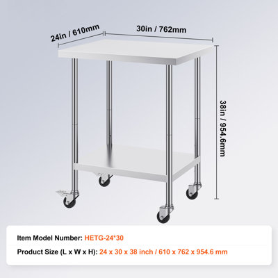 Stainless Steel Work Table 30 x 60 x 38 Inch, Featuring 4 Wheels, 3 Adjustable Height Levels, Heavy-Duty Food Prep Worktable for Commercial Kitchen Restaurant, Silver