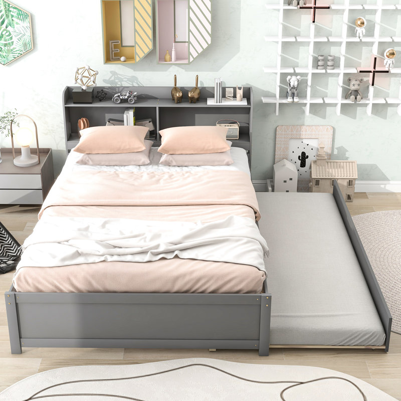 Full Size Bed With Trundle And Bookcase Headboard, Grey - Storage Headboard For Books, , Lamps, Solid Stability In Style, Pine Wood Construction,