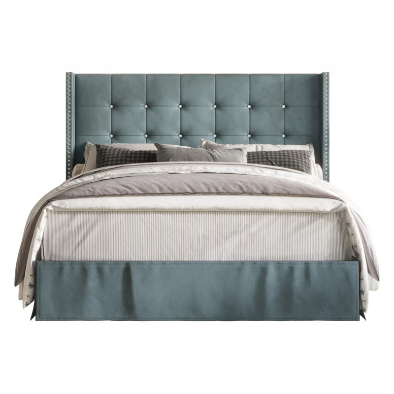 Lit plateforme tapissier Aliviana, Simple, Bleu