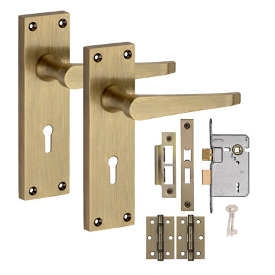 Golden Grace 1 Pair Victorian Design Straight Lever Door Handles Antique Brass Durable Metal Backplate with 3 Lever Key Sash Lock Set and Hinges - 150 x 40mm