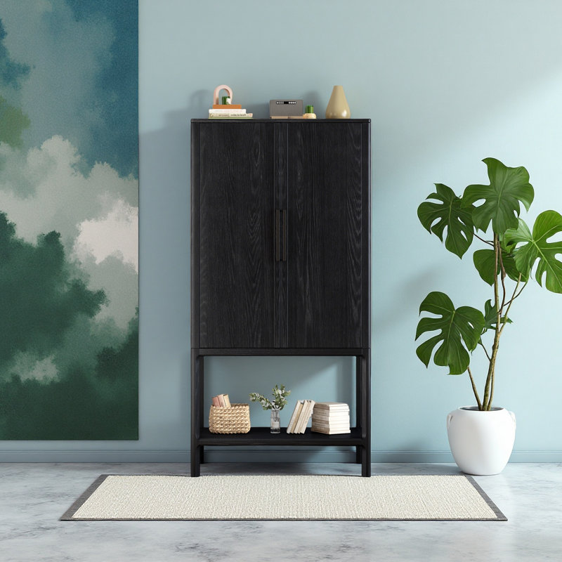 Armoire sophistiquée en placage de chêne avec plusieurs fonctions de rangement, Noir