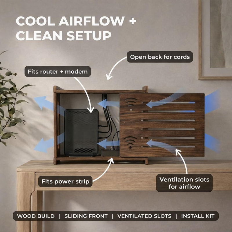 Cache-routeur, tablette pour routeur WiFi, meuble de rangement WiFi en bois avec panneau coulissant, dos ventilé, gestion des câbles