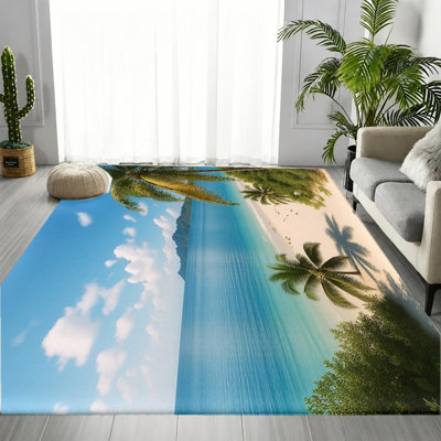 Tropical Beach Ocean Landscape Area Rug, Vivid Palm Tree Seaside Pattern, Soft Durable, Machine Washable Non-Slip Floor Mat, Stylish Indoor Home Decor for Living Room, Bedroom, Entryway, Front Door, Kitchen, Balcony, Apartment