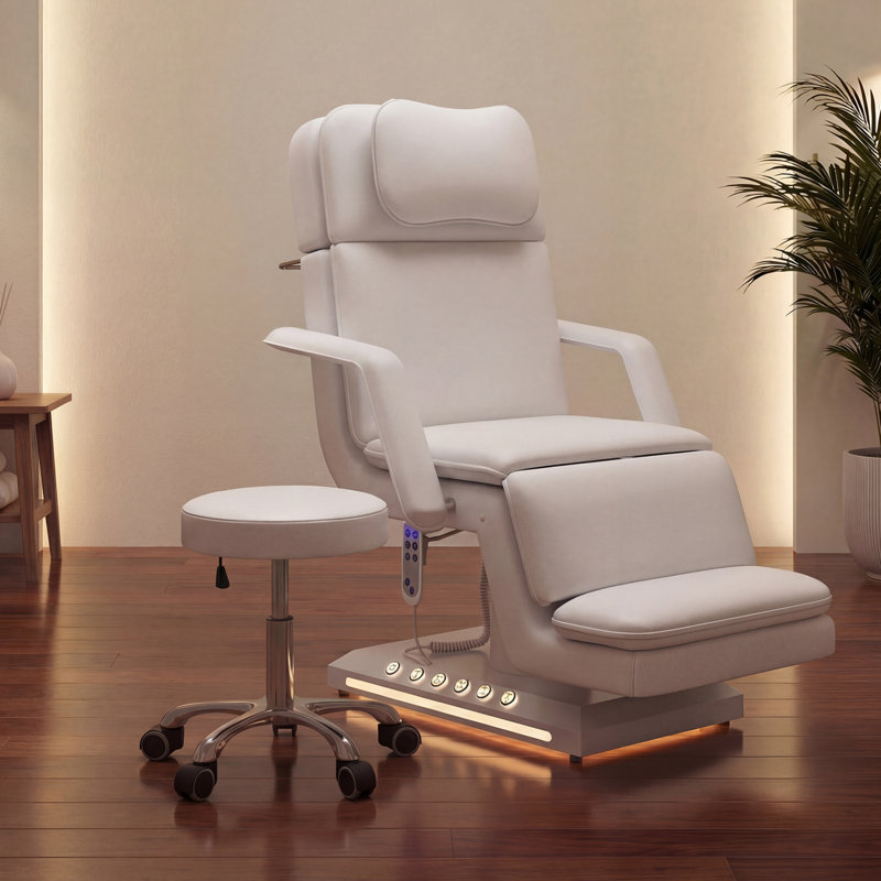 Table de massage électrique professionnelle à 3 moteurs avec hauteur réglable, dossier et repose-jambes, télécommande et commande au pied, tabouret pivotant à 360 ° inclus