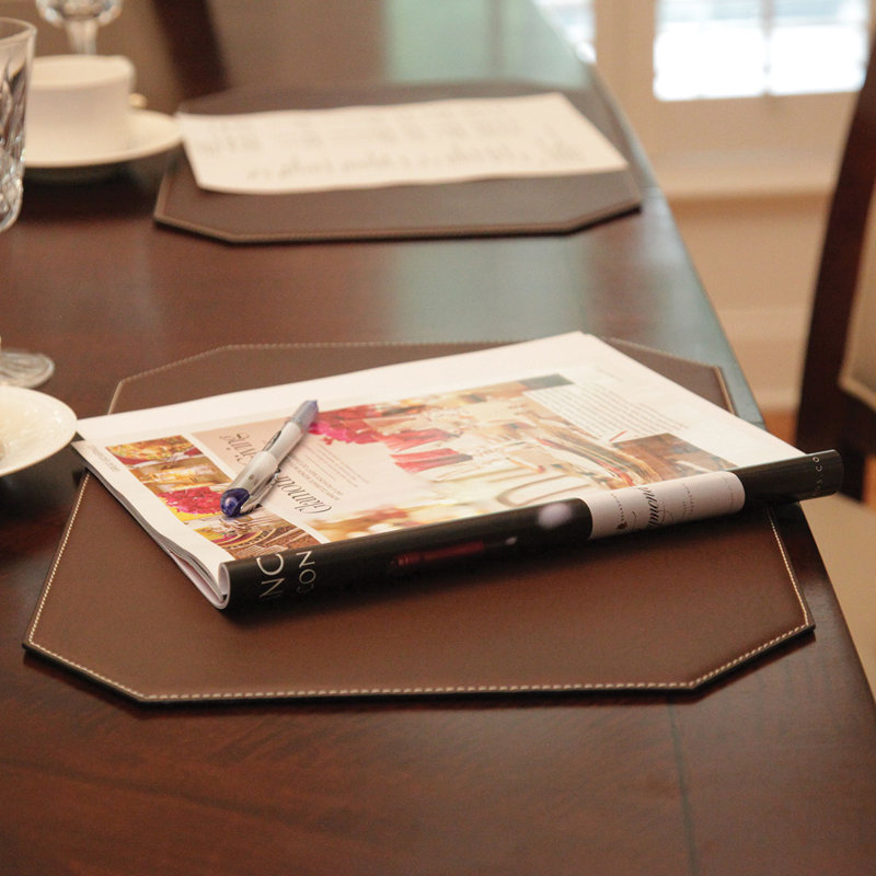 Brown Faux Leather Cut Corner Placemat with White Stitching