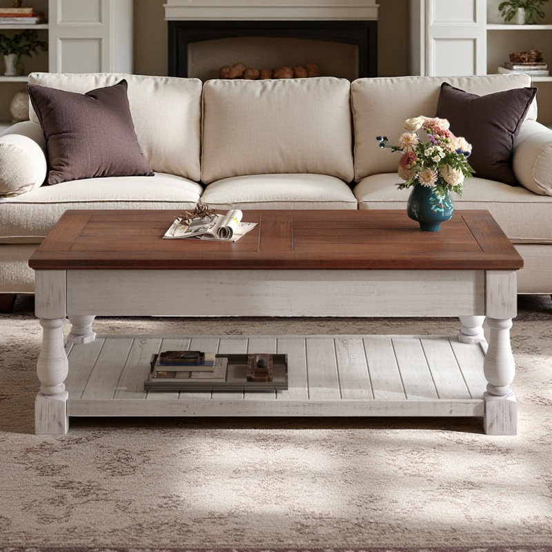 Table basse à plateau relevable avec rangement pour le salon, compartiment caché et tablette inférieure, Espresso, Blanc