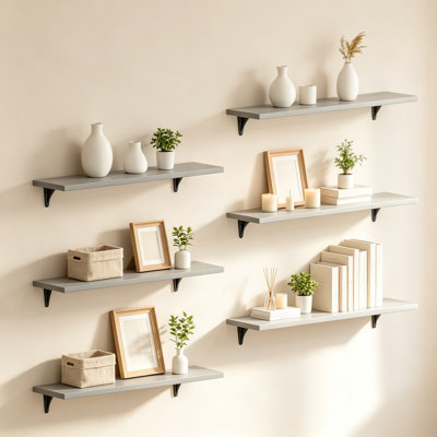 Floating Shelves for Wall Set of Six, Wood Wall Shelf Set for Decor, Bathroom, Bedroom, Storage, Books, Kitchen, Living Room