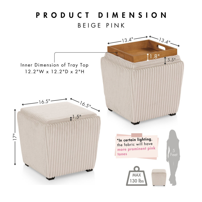 Bessler Barajas Storage Ottoman With Flip Top Tray, Beige Pink