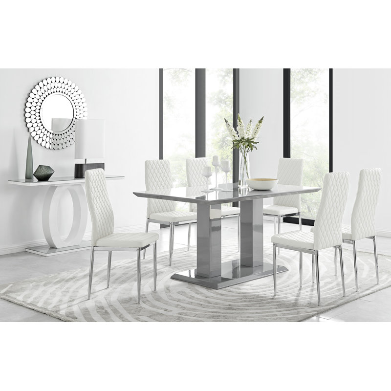 Ensemble de salle à manger 7 pièces en bois ultrabrillant avec 6 chaises rembourrées et table rectangulaire, Gris