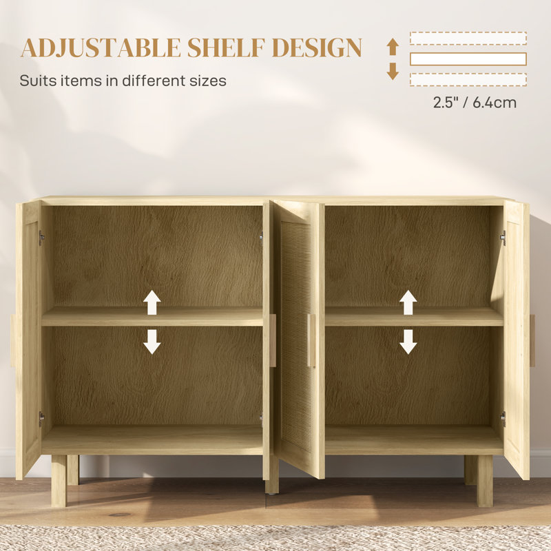 Buffet buffet, armoire de cuisine, armoire à café avec 4 portes en rotin et tablettes réglables, Naturel