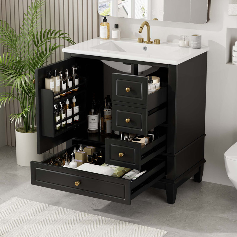 Bathroom Vanity with Sink, One Door with Shelf and Three Drawers, Soft Close Door, Black