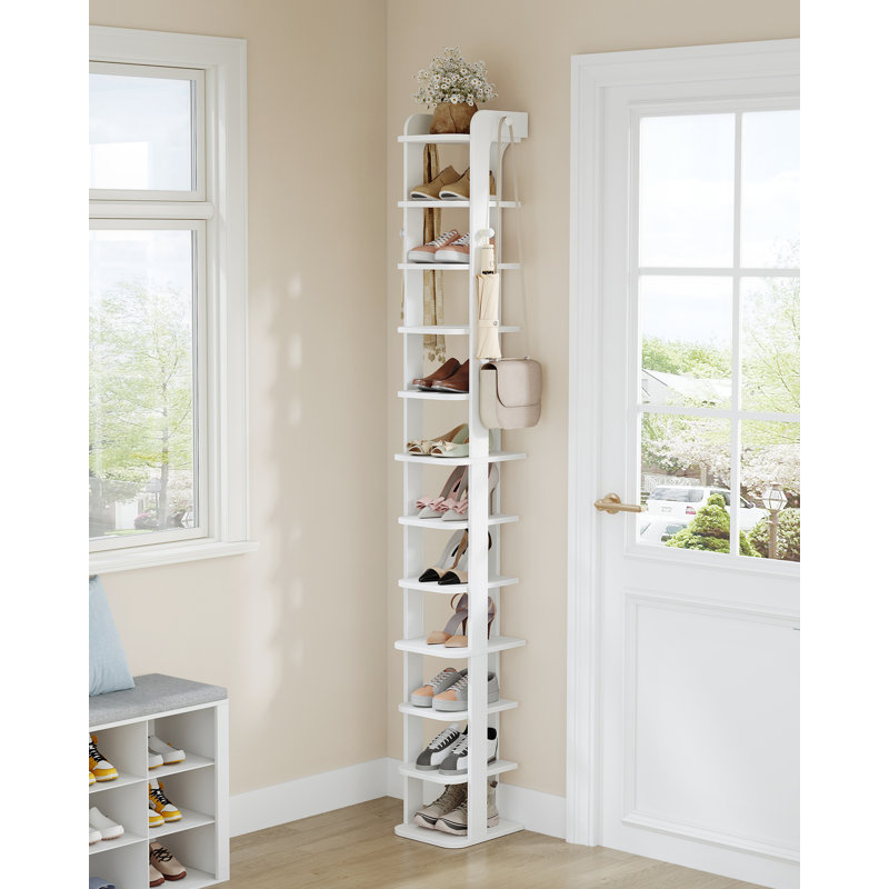 Vertical Shoe Rack, Narrow Shoe Rack For Small Space, Wooden Shoes Organizer With Hooks, Adjustable Slim Shoes Tower for Entryway, Living Room, Bedroom, White 