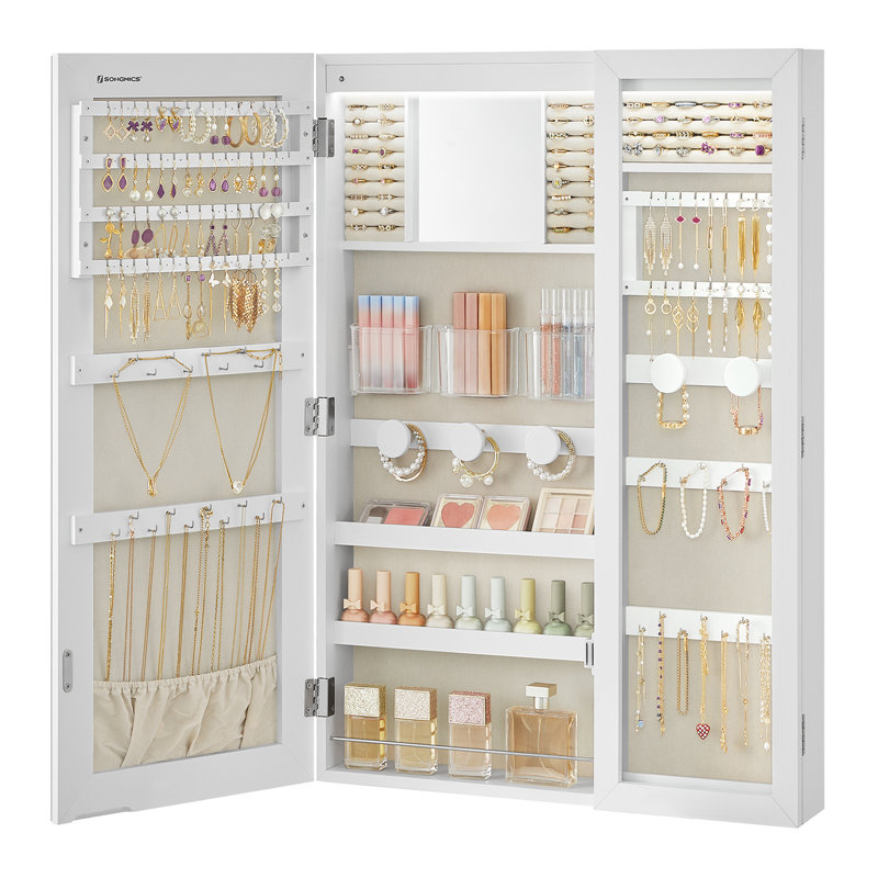 Armoire à bijoux avec miroir, DEL, fenêtre en verre, mur / porte Armory 13,8 po de largeur