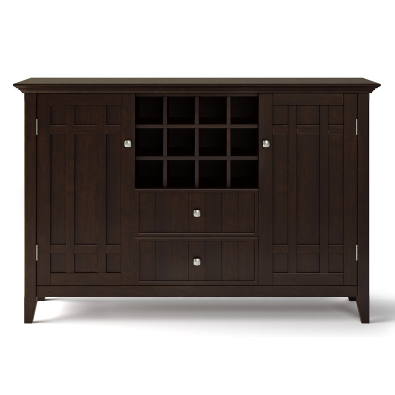 Buffet transitionnel en bois massif à 3 portes avec porte-bouteilles et tablettes réglables Bedford, Brun châtaignier foncé