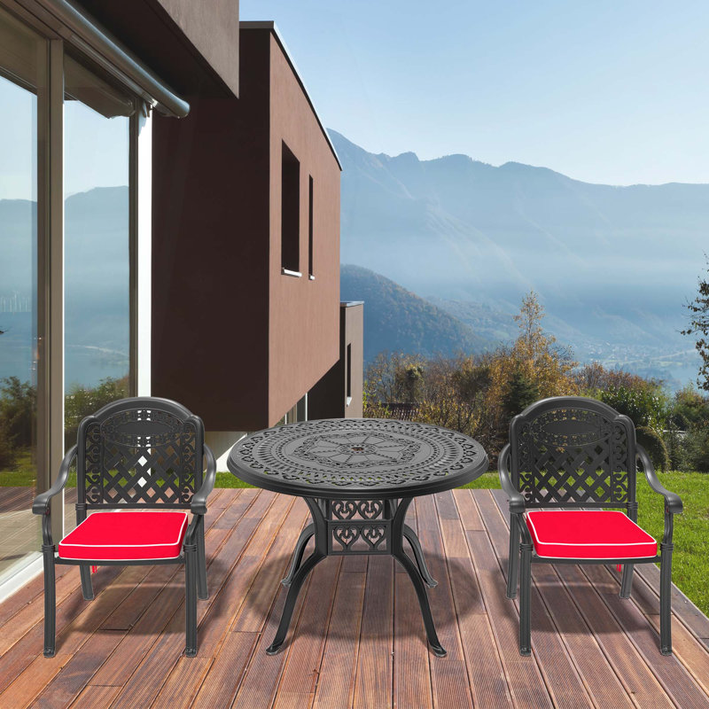 Ensemble de 3 pièces de mobilier de patio en aluminium coulé avec coussins, table, chaise, pour l'extérieur