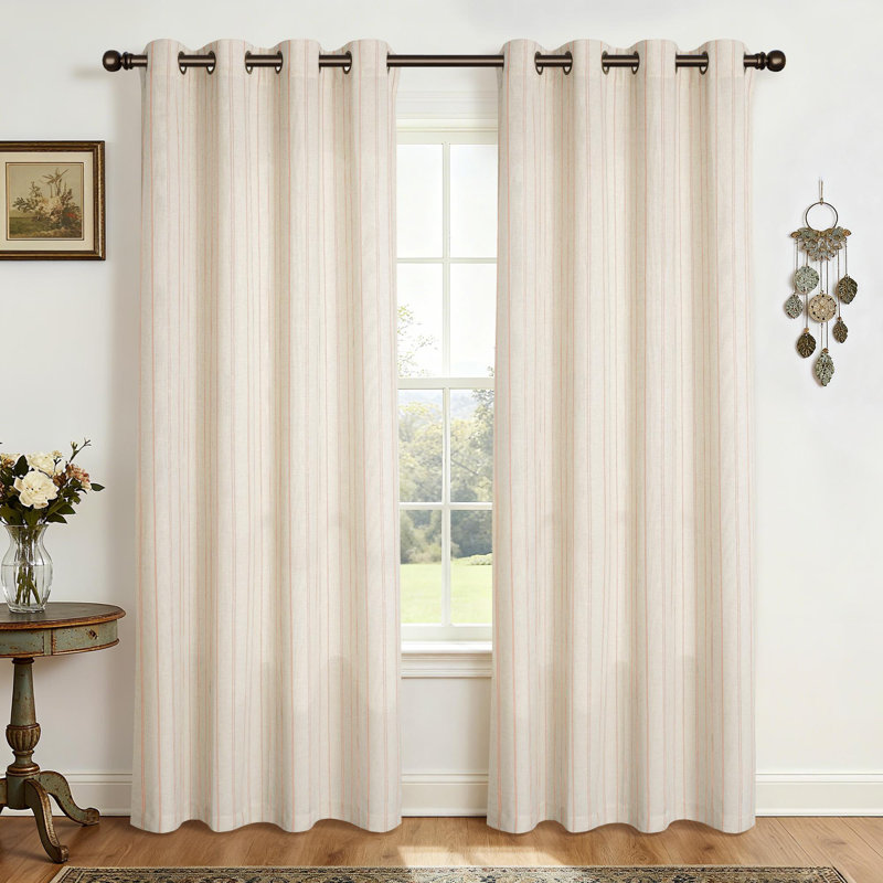 Farmhouse Linen Blend Stripe Semi-Sheer Grommets Curtain Pair, 52" W x 96" L, Pink