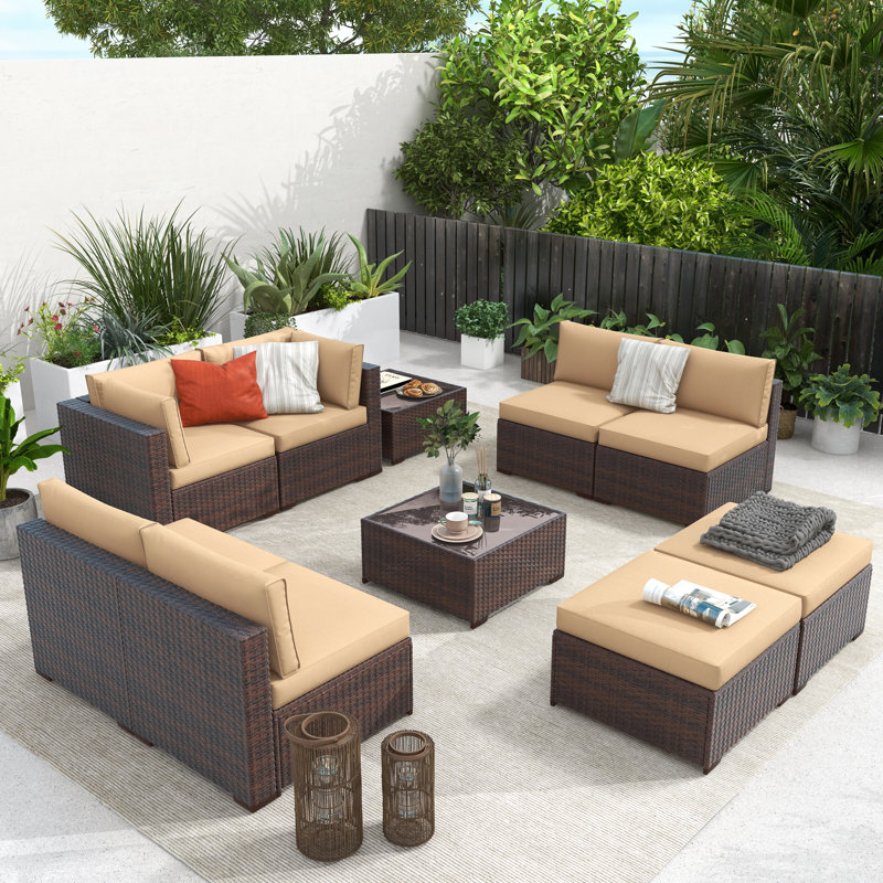 Wicker 8 - Person Modular Patio Conversation Set with Cushions, Brown Frame/Beige Cushion