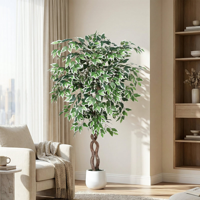 Ficus artificiel bordé de feuilles blanches panachées 5 pi 6 pi 7 pi avec pot à fleurs blanc réaliste pour décoration de bureau