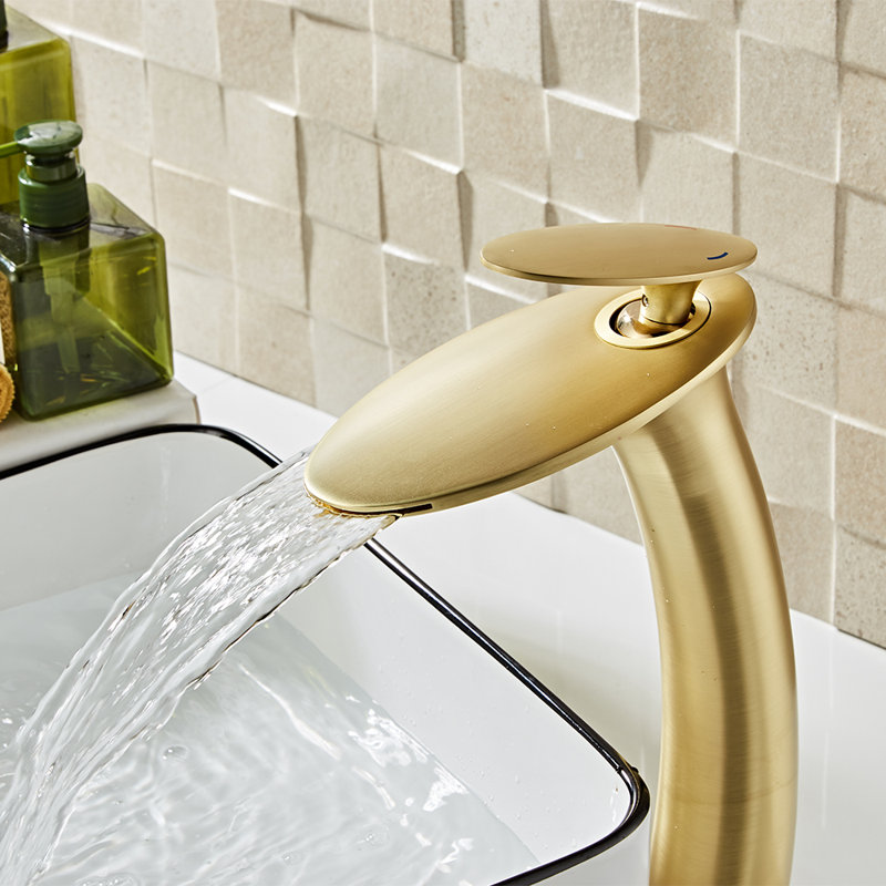 Waterfall Single Hole Bathroom Faucet With Deck Cover Plate With Pop Up Drain Assembly, Matte Gold