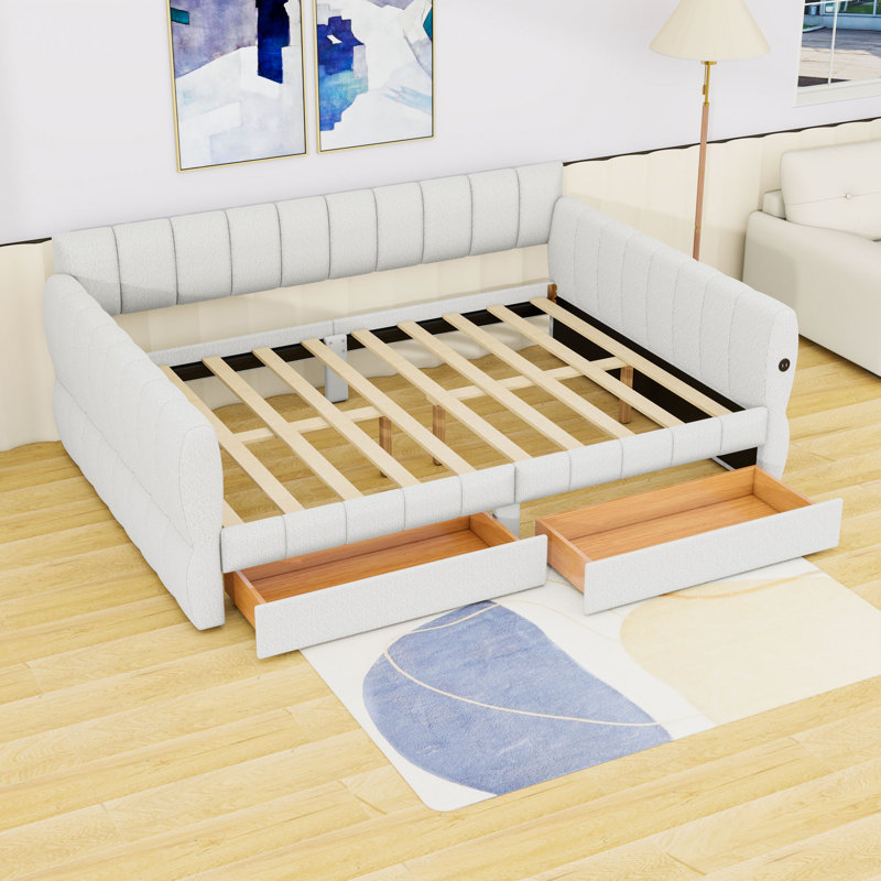 Grand lit plateforme tapissier 2 tiroirs avec ports USB, Blanc