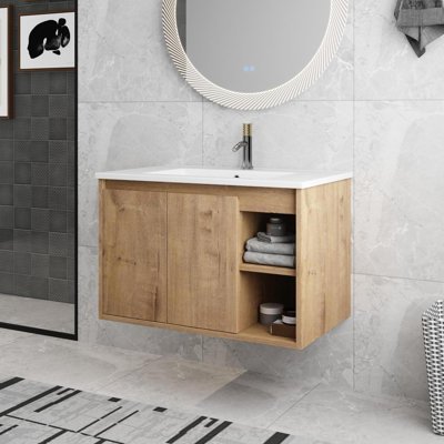 30'' Wall Mounted Single Bathroom Vanity with Ceramic Basin Sink Top, Floating Vanity with 2 Doors and 1 Shelf